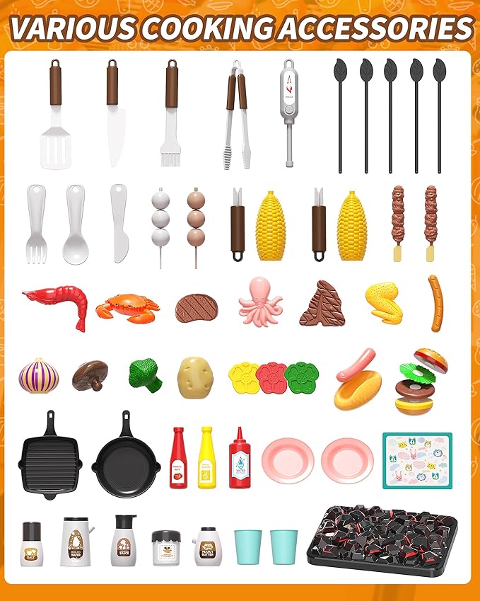 Kids BBQ Grill Playset 60Pcs with Real Steam, Sound & Light - Interactive Pretend Play Kitchen Cooking Toy for Boys Girls Ages 4-8 - Indoor Outdoor Backyard Barbecue Camping Set Birthday Gifts