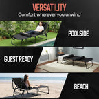 Outdoor Lounge Chair | Extra Large Portable cot incl Leg Raising adjustability | Easy Setup & Takedown | Supports Adults up to 300 lb | Ideal for Camping Patio, Balcony, Beach & More