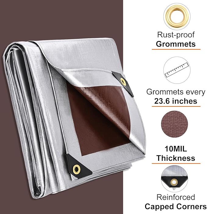 Tarp 10x20 Feet, 10 Mil Large Waterproof Tarps Heavy Duty with Grommets Every 23.6", Thick Plastic Tarp, UV Resistant Tear&Fade Resistant, Reinforced Edges for Outdoor Pool Camp Tent