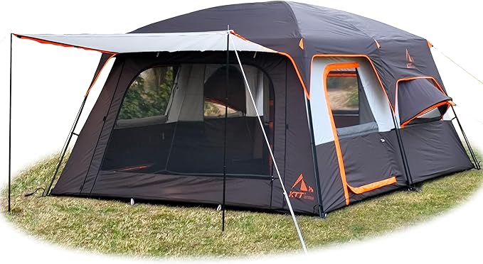 KTT Extra Large Tent 10-12-14 Person(A),Family Cabin Tents,2 Rooms,3 Doors and 3 Windows with Mesh,Straight Wall,Waterproof,Double Layer,Big Tent for Outdoor,Picnic,Camping,Family Gathering
