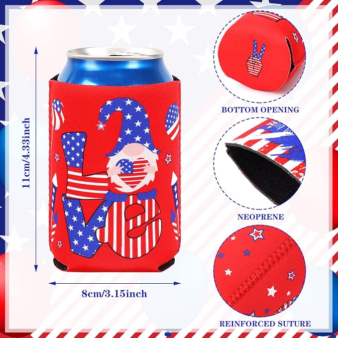 4th of July Can Cooler Sleeves, 18pcs American Flag Beer Drink Can Bottle Cooler Sleeves Collapsible for Fourth of July Coozies Bulk Independence Day Party Decorations Supplies Favors