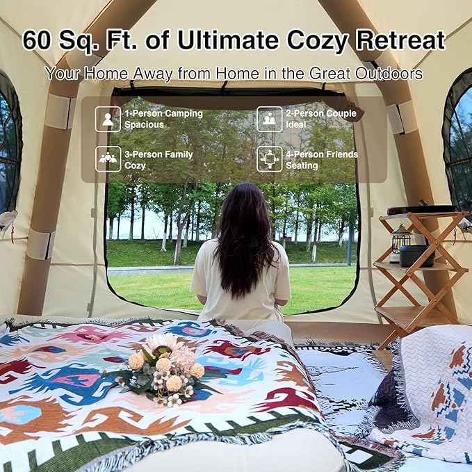 2025 Upgraded Waterproof Inflatable Camping Tent, Large Blow-Up Air Tent, No Assembly Needed Luxury Glamping House, Oxford Fabric