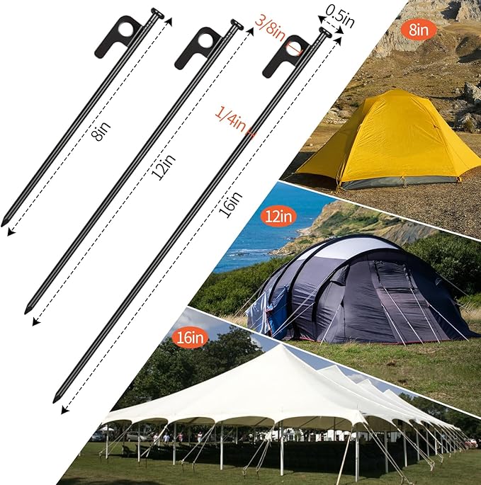 Tent Stakes and Hammer Set, 16 Pack 8in Heavy Duty Forged Steel Tent Stakes + 12in Heavy Duty Camping Hammer + Storage Pouch, Available in Rocky Place