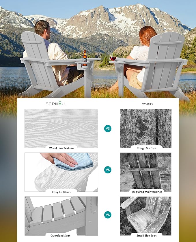 SERWALL Adirondack Chair with Cup Holders - Composite Adirondack Chairs HDPE Outdoor Chairs All Weather Use- Silver Gray
