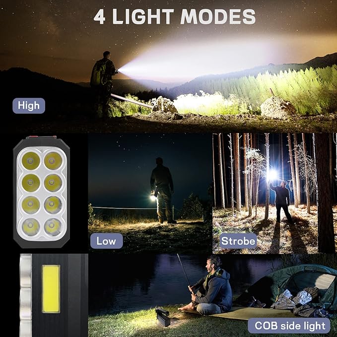 8 LED Solar Flashlight with COB Sidelight, 1000 Lumens Solar Powered Flashlights, Solar or USB Charging Waterproof Handheld Flashlights with 3 Modes for Fishing Outdoor Camping Emergencies
