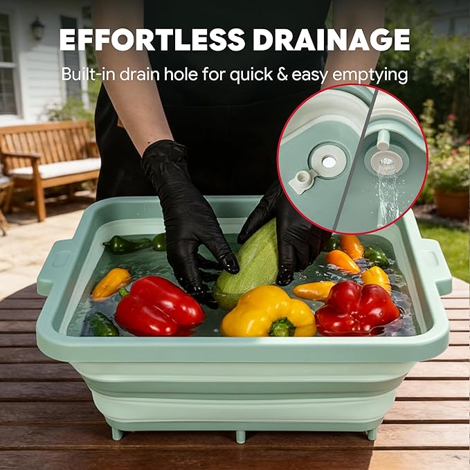 9-IN-1 Collapsible BBQ Prep Tub with Cutting Board, Portable Grill Prep Station with Side Brackets, Lids, Knives, Meat Claws and Drain Rack, Space-Saving for Kitchen, RV, Camping, Green