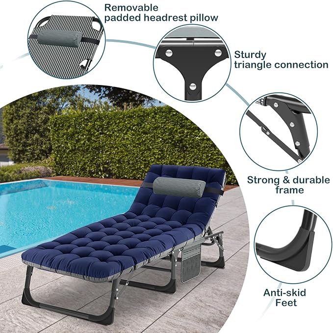 NAIZEA Folding Camping Cot W/Mat for Adults, Adjustable Lounge Chair Outdoor, Heavy Duty Sleeping Cot Bed, Travel Camp Cots for Pool, Beach, Patio Sunbathing