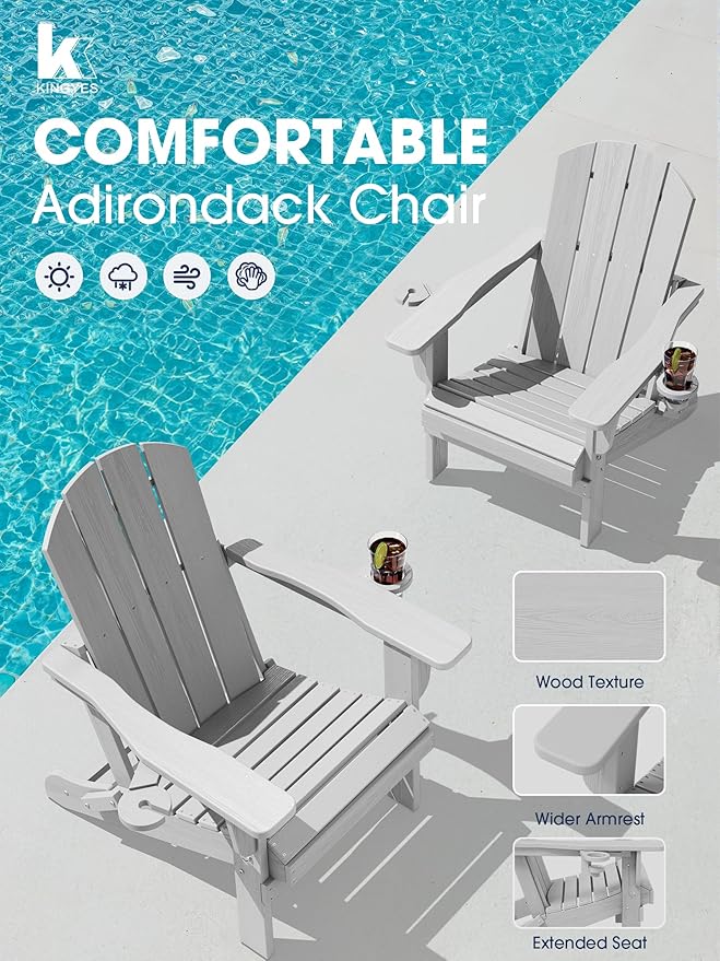 KINGYES Folding Adirondack Chair Set of 4, Dual Cup Holders & All-Weather HDPE, Wood-Like Patio Chair for Backyard, Camping, Pool & Fire Pit, Silver Grey