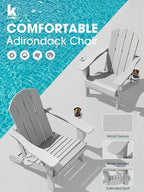 KINGYES Folding Adirondack Chair Set of 4, Dual Cup Holders & All-Weather HDPE, Wood-Like Patio Chair for Backyard, Camping, Pool & Fire Pit, Silver Grey