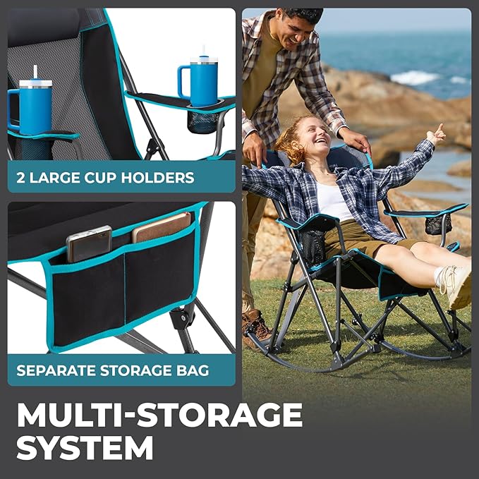 FUNDANGO Oversized Rocking Camping Chair for Adults, 2 Pack Portable Folding Lawn Chairs for Outside with Pillows, Wide Armrest, 2 Cup Holders, Carry Bag for Patio Garden Outdoor Supports 300Lbs