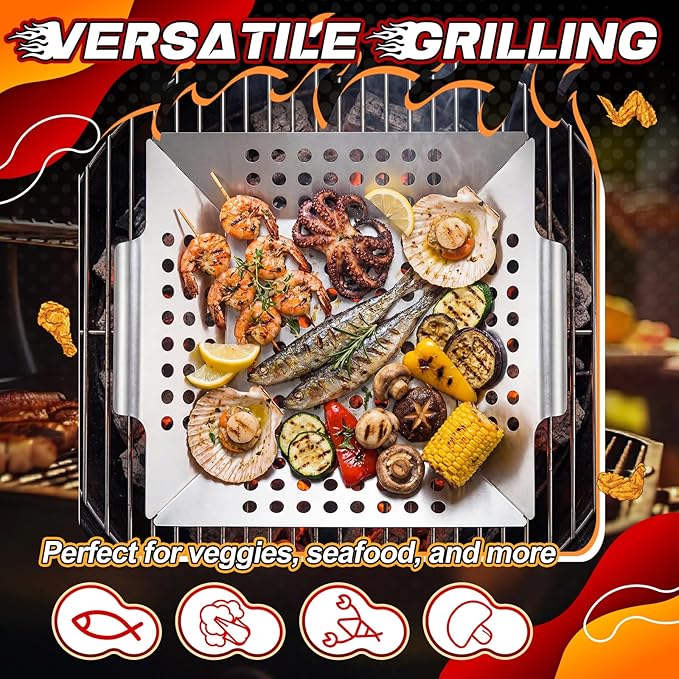 Mifoci 4 Pcs Vegetables Grill Baskets for Outdoor Grilling 14.17'' 9.65'' Extra Large Stainless Steel Vegetable Grill Basket with Handles for Veggies BBQ Accessories Camping Smokers Gifts, 2 Sizes