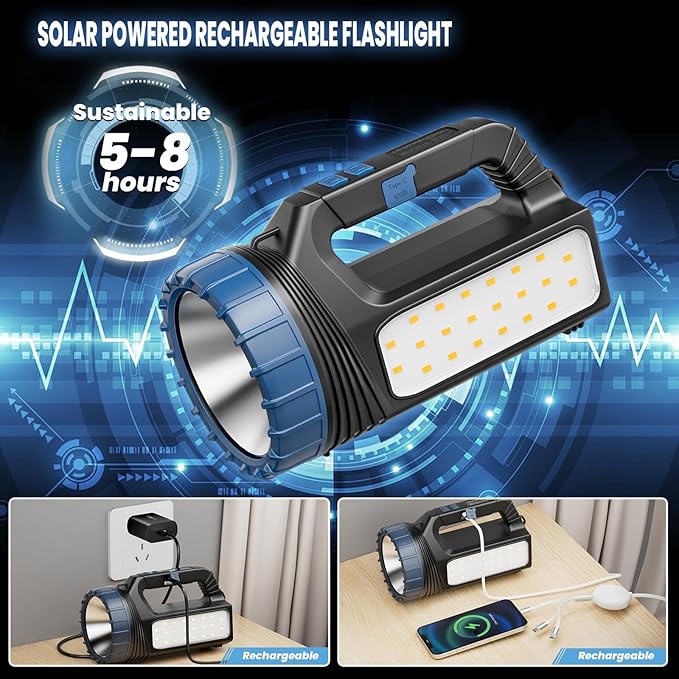 Solar Flashlight，Solar Powered Flashlight for Multi Function 8000 Lumens with Emergency，Portable Bright Camping Rechargeable Flashlights for Home, Outdoor Hiking, Power Outages（2pcs）