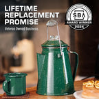 COLETTI Classic Enamel Set Coffee Percolator & Mugs — The Most Nostalgic Camping Coffee Pot, Now Modernized [Green Enamel, 12 Cup Percolator Coffee Pot & Set of 4 Mugs]