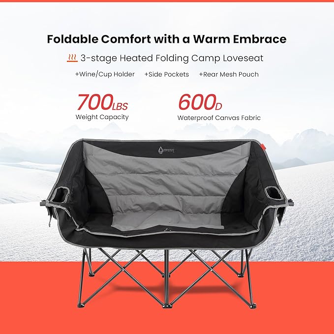 ARROWHEAD OUTDOOR 57" Wide Duo Foldable Heated Camping Loveseat Chair with 3-Stage Heating, Large Cup Holders, Glass Holders, Side Pockets, and Storage Pouches