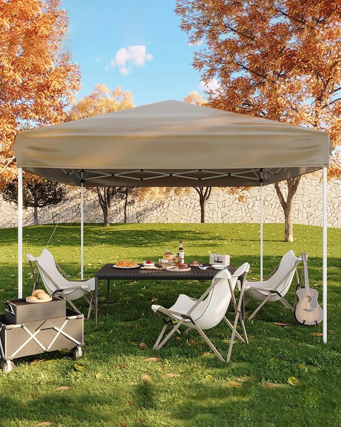 10x10FT Pop Up Canopy, Outdoor Canopy Tent with SandBag & Carry Bag for Commercial Events, Camping, Backyard Parties, Khaki