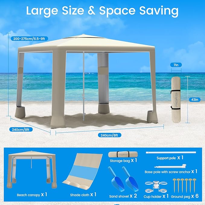 MoKo Beach Cabana, 8'×8' Large Beach Canopy with Side Wall, UPF 50+ Protection Easy Setup Beach Tent Sun Shelter, Adjustable Height Wind Resistant Cabana Beach Tent for Whole Family, Khaki