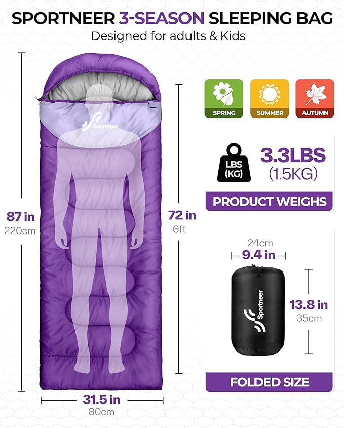 Sportneer Sleeping Bag for Adults & Kids, Cold Weather & Warm Waterproof Camping Sleeping Bag, Compact Portable for Camping Hiking & Travel