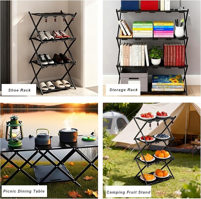 Portable Camping Table & Shelf, 2-in-1Folding Carbon Steel Picnic Rack 37" 4-Tier Storage Cook Station with 4 Hooks,Perfect for Party, Dining, Camping, BBQ, Indoor, Outdoor