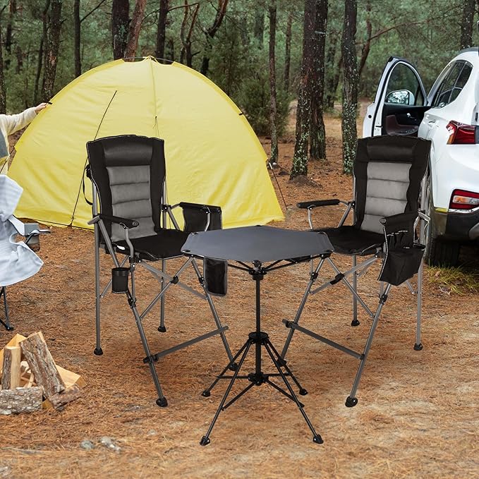 Extra Tall Folding Chairs & Adjustable Height Folding Table Set, Portable Outdoor Bar Table & Foldable Director Chairs with Makeup Pocket for Backyard,Beach,Travel with Storage Bag