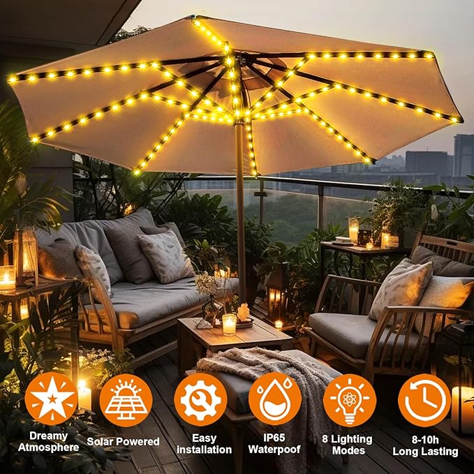 ZNYCYE Patio Umbrella Solar Lights with 8 Lighting Modes - Upgraded Larger Solar Panel Clip 5V 152 LEDs Umbrella Lights Outdoor Waterproof for Patio Beach Tent Camping Garden Decor, Warm White