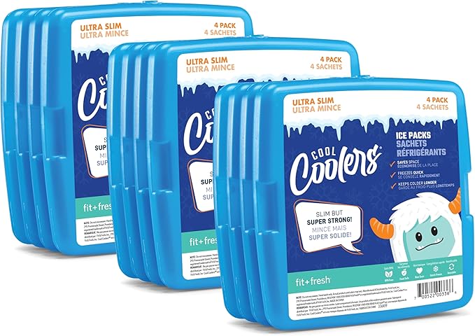 Cool Coolers By Fit & Fresh 12 Pack Slim Ice Packs, Quick Freeze Space Saving Reusable Ice Packs for Lunch Boxes or Coolers, Clear Blue Kids Ice,12 Pack