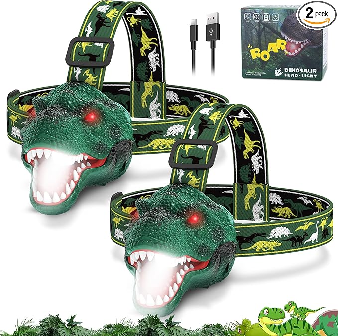 Dinosaur Headlamp for Kids Flashlight 2 Pack, Rechargeable Led Headlights Roar & Silent Mode, T-Rex Dinosaur Toys, Camping Gear, Easter Gifts for Boys Girls Adults