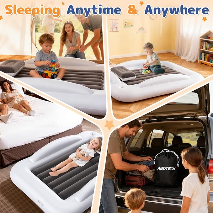 Inflatable Toddler Travel Bed - Portable Toddler Kids Travel Bed with Safety Sides Complete Kids Air Mattress Set with High-Speed Pump, Ideal for Vacation Camping and Sleepover (60 Inches)