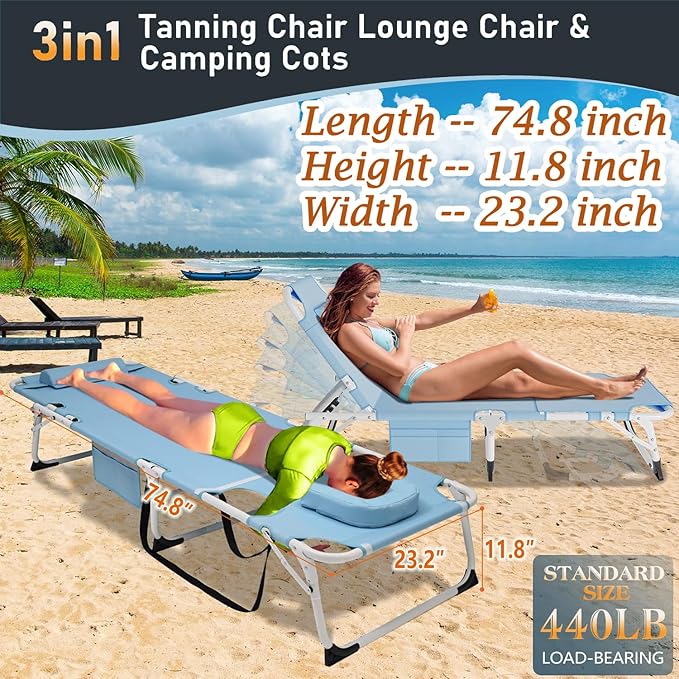 ABORON Patio Lounge Chair, Folding Guest Bed Cot for Adults, 500LB Heavy-Duty Capacity, Portable Extra Bed with Comfort Mat, Quick Fold Design for Indoor Guest Stays & Temporary Use