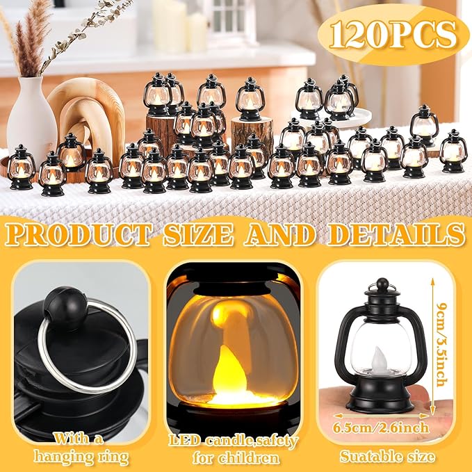 Ferraycle 120 Pcs Mini Lantern Decor 4 Inch Western Lantern Table Centerpiece Small Vintage Camping Hanging Lamp Ornaments Bulk for Cowboy Cowgirl Wedding Halloween Christmas (4 Inch,Black)