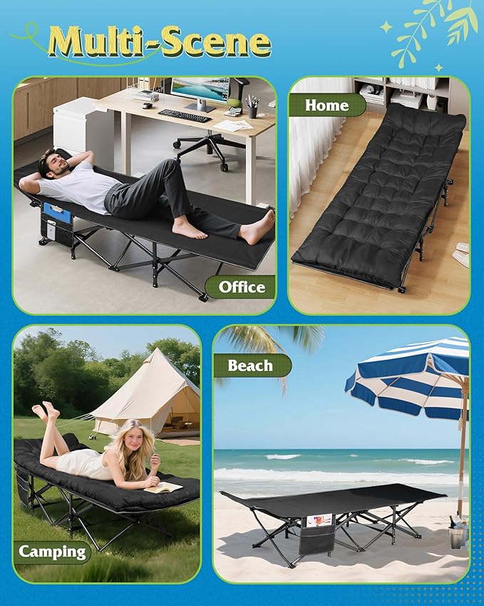 WLIVE 1200D Double Layer Oxford Camping Cots for Adults, Folding Sleeping Cot with Mattress, Outdoor Portable Bed with Carry Bag for Resting, Camping, Black