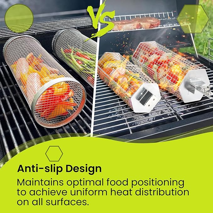 Grill Baskets 2PCS 304 Stainless Steel with Removable Wooden Handle Hexagon Design for BBQ Camping & Outdoor Cooking Accessories, Great Gift for Grill Lovers