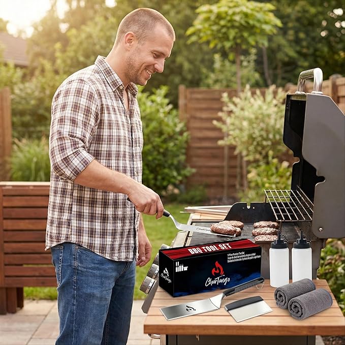 Blackstone Griddle Set 7-Piece w/2 Towels - 3mm Stainless Steel Spatulas, Scraper & Oil Bottles - Professional BBQ Tools for Blackstone/Camp Chef/Hibachi