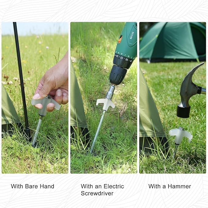 16-Pack Heavy Duty Screw-in Tent Stakes with Drill Adapter – 8 Inch Ground Anchors for Camping, Canopy, Gazebo, Awnings & Outdoor Accessories