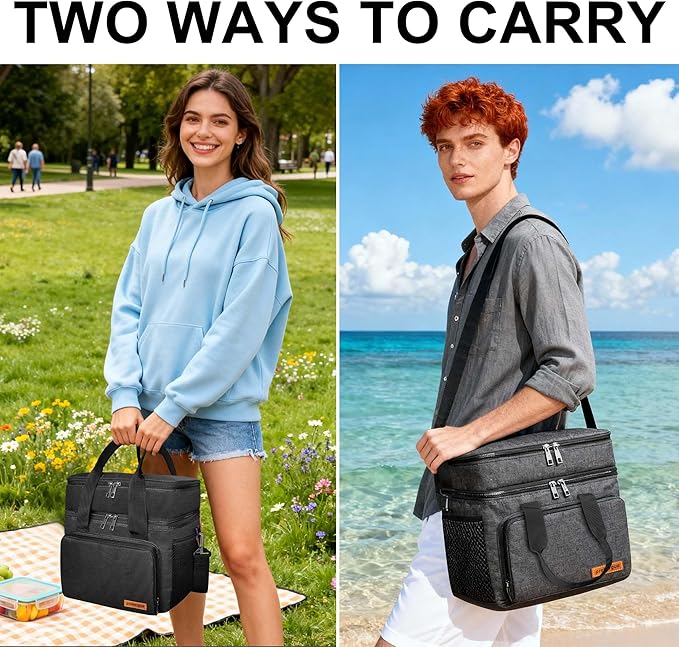 Lunch Bag-Double Deck Insulated Lunch Box for Men Women, Soft Leakproof Thickened Cooler Bag for Work , Picnic, Outdoor, Camping, Travel (Black，15L)