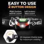 Foxelli USB-C Rechargeable LED Headlamp – Super Bright, Lightweight Head Lamp for Running, Camping, Hiking & Work – Comfortable Fit for Adults & Kids