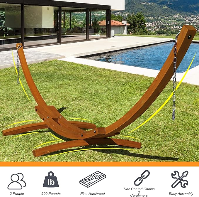 Lazy Daze Hammocks 13 FT Outdoor Arc Wood Hammock Stand, 2 Person Hard Pine Wood Hammock Stand with Carabiners and Chains for Indoor Outdoor Patio Garden Yard Poolside, 500lb Capacity, Brown