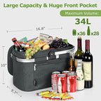 Tirrinia Large Insulated Picnic Basket, 34L Water-Resistant & Leakproof Collapsible Portable Cooler Basket with Aluminium Handle for Travel, Shopping, Camping, Foldable Grocery Bag, Grey