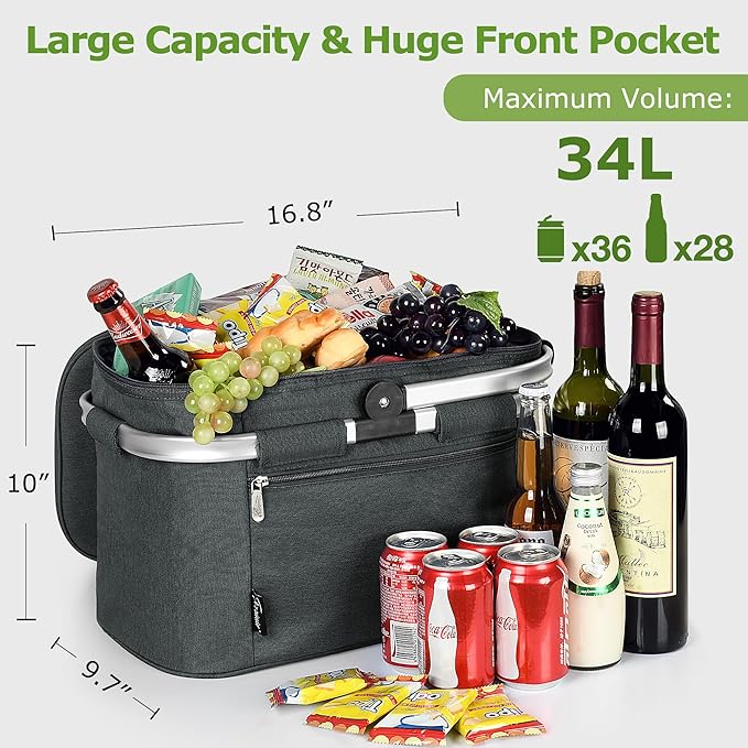 Tirrinia Large Insulated Picnic Basket, 34L Water-Resistant & Leakproof Collapsible Portable Cooler Basket with Aluminium Handle for Travel, Shopping, Camping, Foldable Grocery Bag, Grey