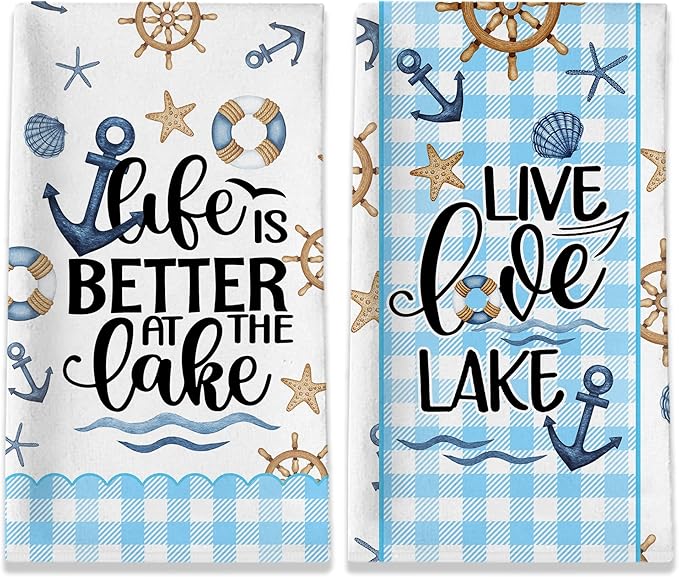 Lake House Decor, Lake House Gifts for Women, Summer Buffalo Plaid Kitchen Towels Sets 2 Pack, Life is Better at the Lake Dish Towels for Housewarming Birthday Mothers Day Christmas, 18x26 Inches