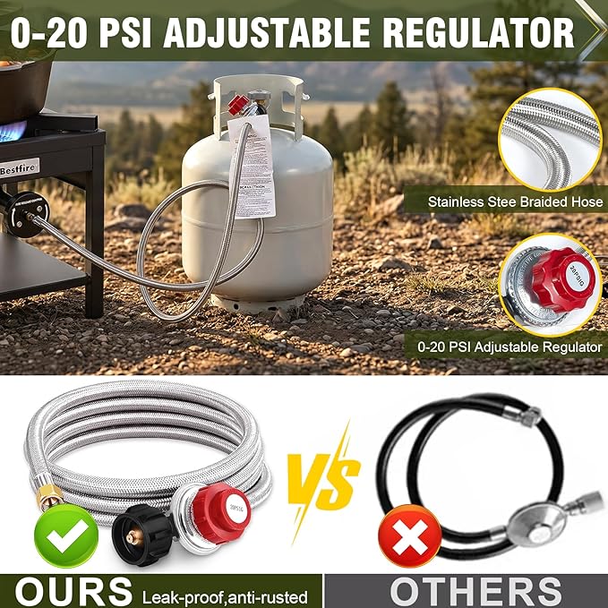 Bestfire 260,000 BTU Outdoor Propane Gas Stove, 0-20 PSI Adjustable Regulator, Steel-Braided Hose, High Pressure Single Burner Cooker for Turkey Fryer, Seafood Boil, Quemador de Gas Propano