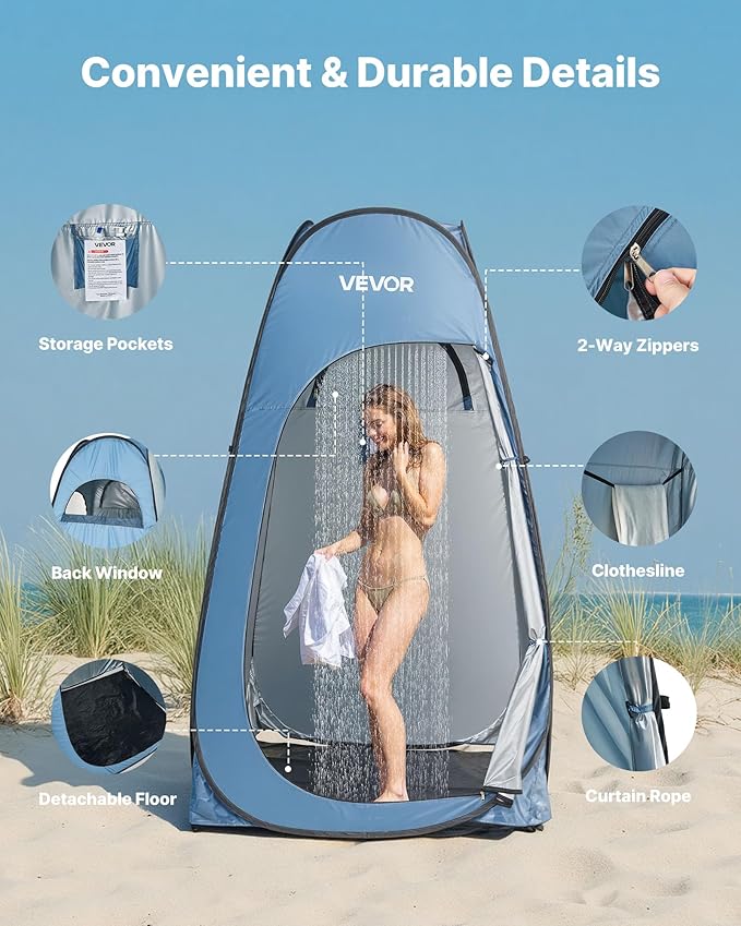 VEVOR Pop up Shower Tent, Instant Portable Privacy Tent Changing Room with Hanging Bag, Ground Stakes, Ropes, Carry Bag, 190T Polyester with Silver Coating, Quick Setup, for Camping, Beach, Fishing