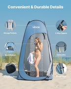 VEVOR Pop up Shower Tent, Instant Portable Privacy Tent Changing Room with Hanging Bag, Ground Stakes, Ropes, Carry Bag, 190T Polyester with Silver Coating, Quick Setup, for Camping, Beach, Fishing
