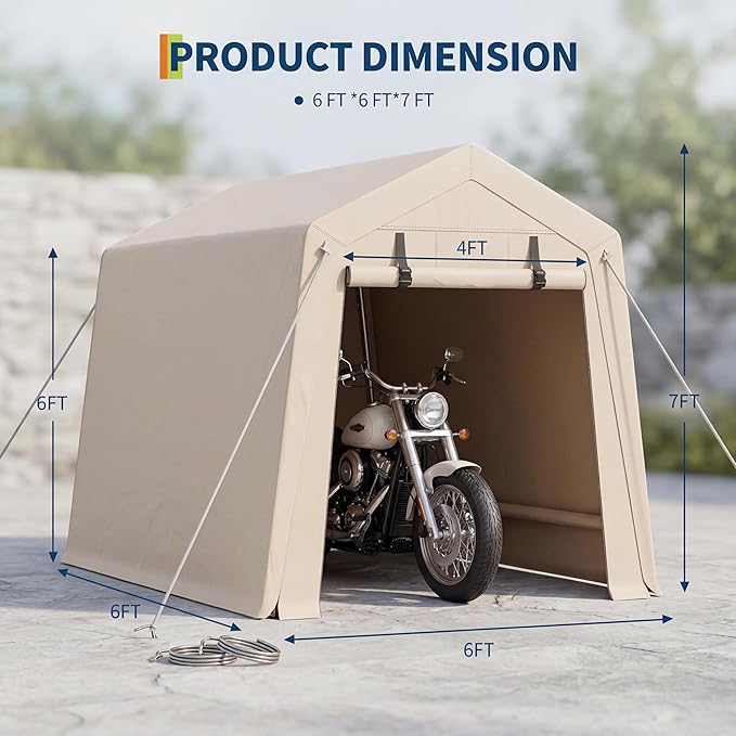 6x6FT Carport, Heavy Duty Motorcycle Shed with Waterproof PE Tarp, Portable Outdoor Storage Shed for Bikes and Firewood, All-Weather Car Shelter with Roll-Up Zipper Door, 6x6FT, Gray