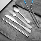 Travel Utensils Set with Case Reusable Portable Cutlery Set Stainless Steel 8pcs Including Dinner Knife Fork Spoon Chopsticks Straws(Silver)