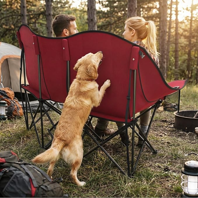 SUNNYFEEL Double Camping Chair Portable Folding Loveseat for 2 Adults Heavy Duty Oversized Camping Couch 600 lbs with Cup Holders & Storage for Outdoor Camping, Beach, Lawn, Patio RV & Indoor Use Red