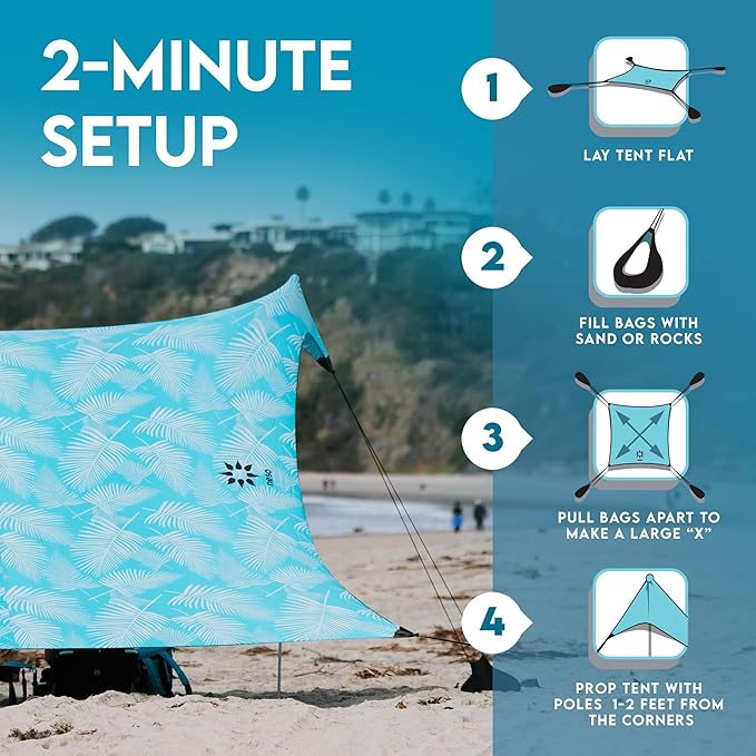 Neso Gigante Portable Beach Tent Sun Shelter - Lightweight Beach Shade Canopy - Easy Setup for Family Outings - Patented Reinforced Corners - UPF 50+ - 8ft Tall, 11 x 11ft - Aqua Fronds