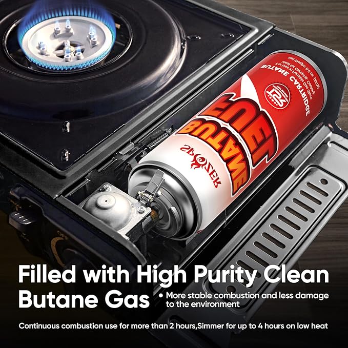 Butane Fuel Canister, 8oz (227g) Butane Refill with TSR Safety Valve, for Camping Stoves, Kitchen Torch, BBQ, 24 PCS