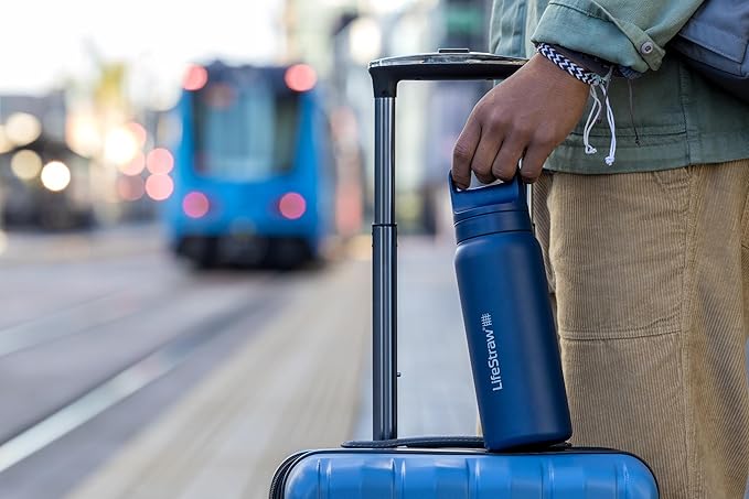LifeStraw Go Series — Insulated Stainless Steel Water Filter Bottle for Travel and Everyday Use Removes Bacteria, Parasites and Microplastics, Improves Taste, 24oz Aegean Sea