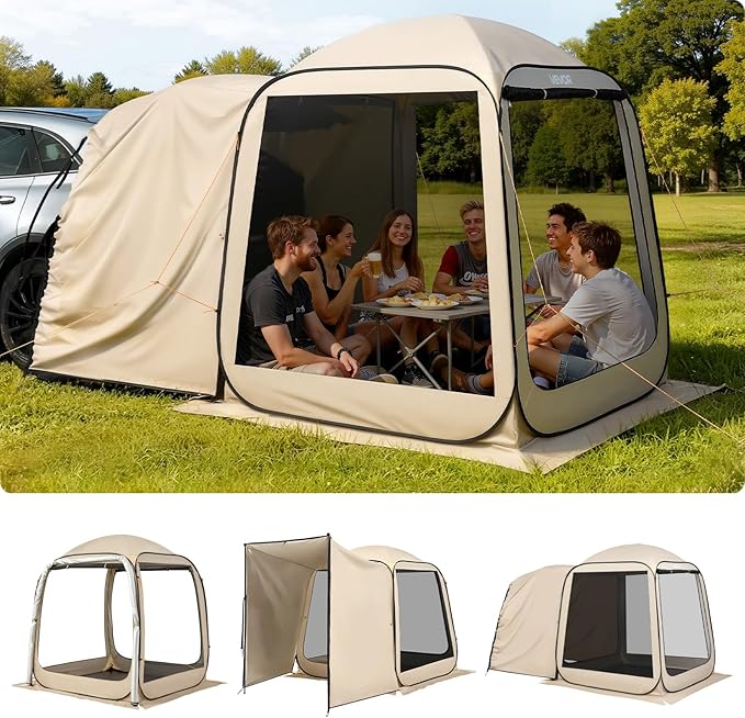 SUV Tailgate Tent VEVOR, 6 x 6 ft Pop-Up Screen House Canopy for 4–6 Person, Portable Screened Shelter with Carry Bag, for Car Camping, Backyard, Patio, Outdoor Activities