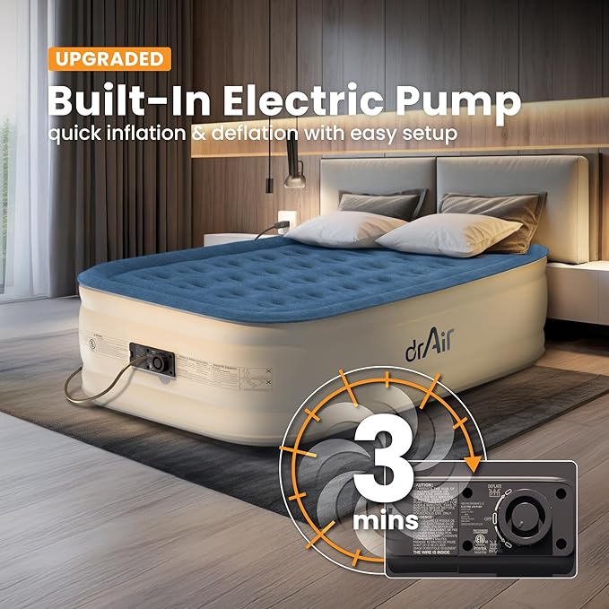 Full Air Mattress with Built-in Pump, 18" Raised Blow Up Mattress, 600 lbs Max Honeycomb Air Bed, 48Hr Leak-Proof Test, 3min Inflatable Mattress for Home, Guests, Camping, Colchones inflables